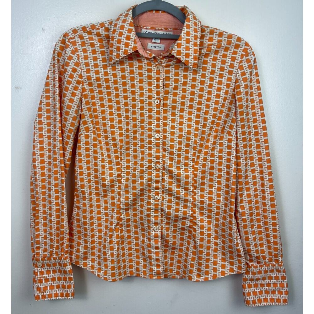 Tommy Hilfiger Orange Geometric Pattern Button Up Top Blouse for Women